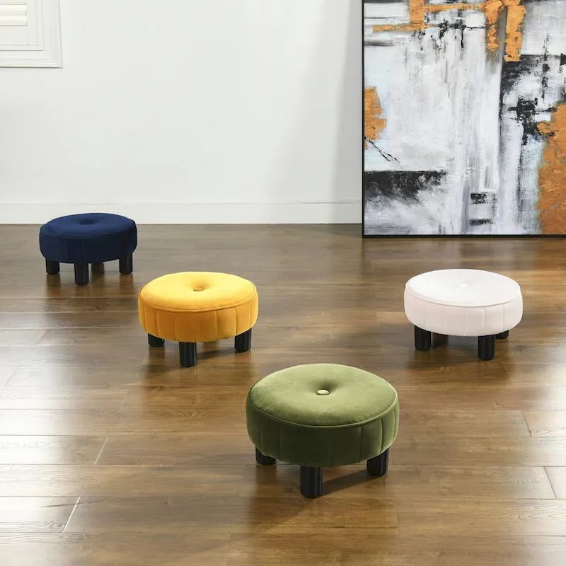 Round Footstool Ottoman - 16 Diameter, Vertical Tufted, Black Legs, Mid-Century Modern, 200 lbs