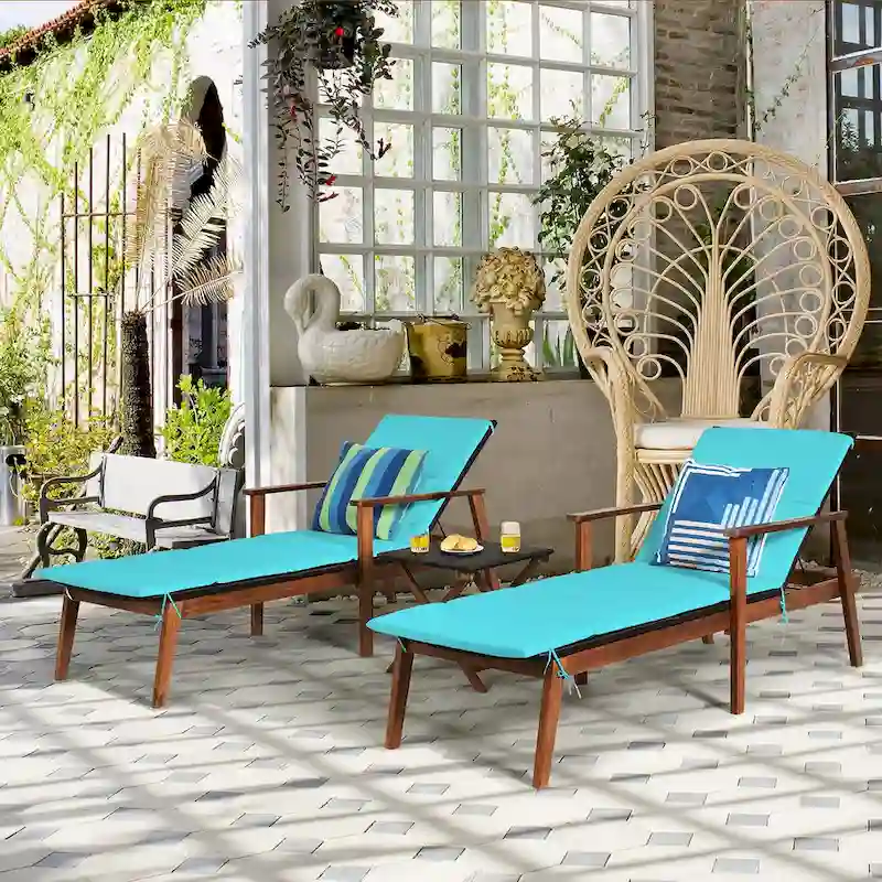Costway 3PCS Patio Rattan Lounge Chair Folding Table Set Chaise Wood