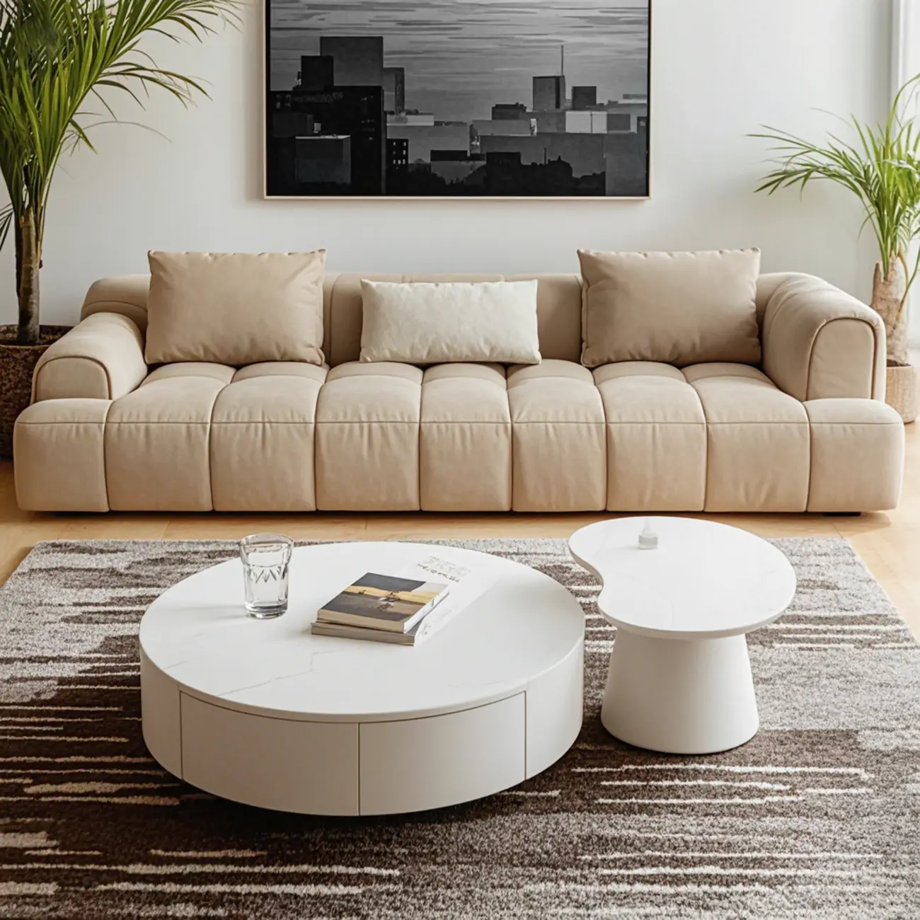 Modern Wooden White Round Nesting Coffee Tables