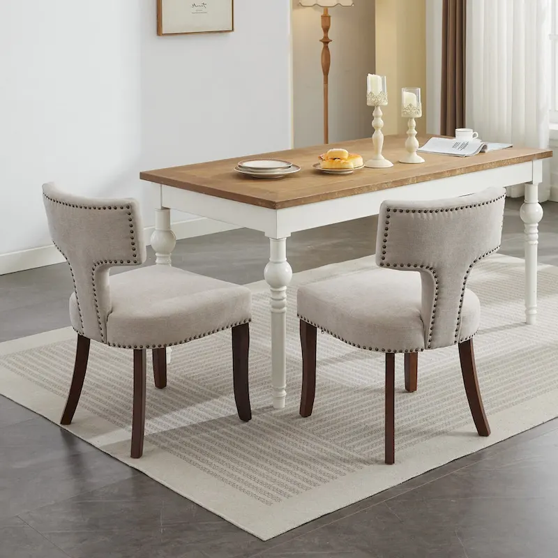 Modern Dining Chairs Set of 2, Linen Fabric Upholstered Accent Chair Curved Backrest Kitchen Chairs with Rubberwood Frame
