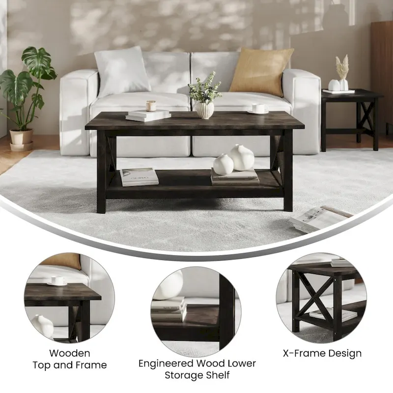 Farmhouse X-Frame Coffee Table with Shelf, Acacia Gray/Dark Gray/Walnut, Solid Wood