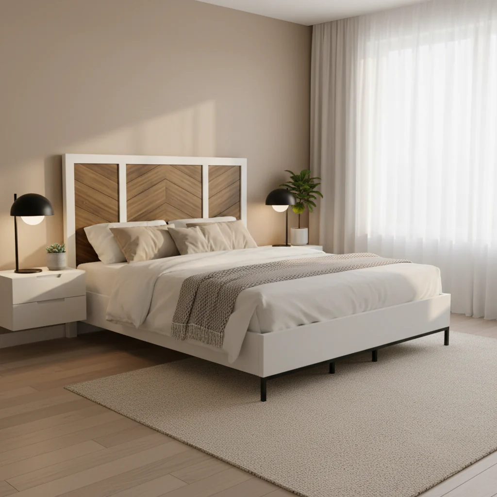 White and Walnut Finish 1pc Bed Chevron Pattern Headboard