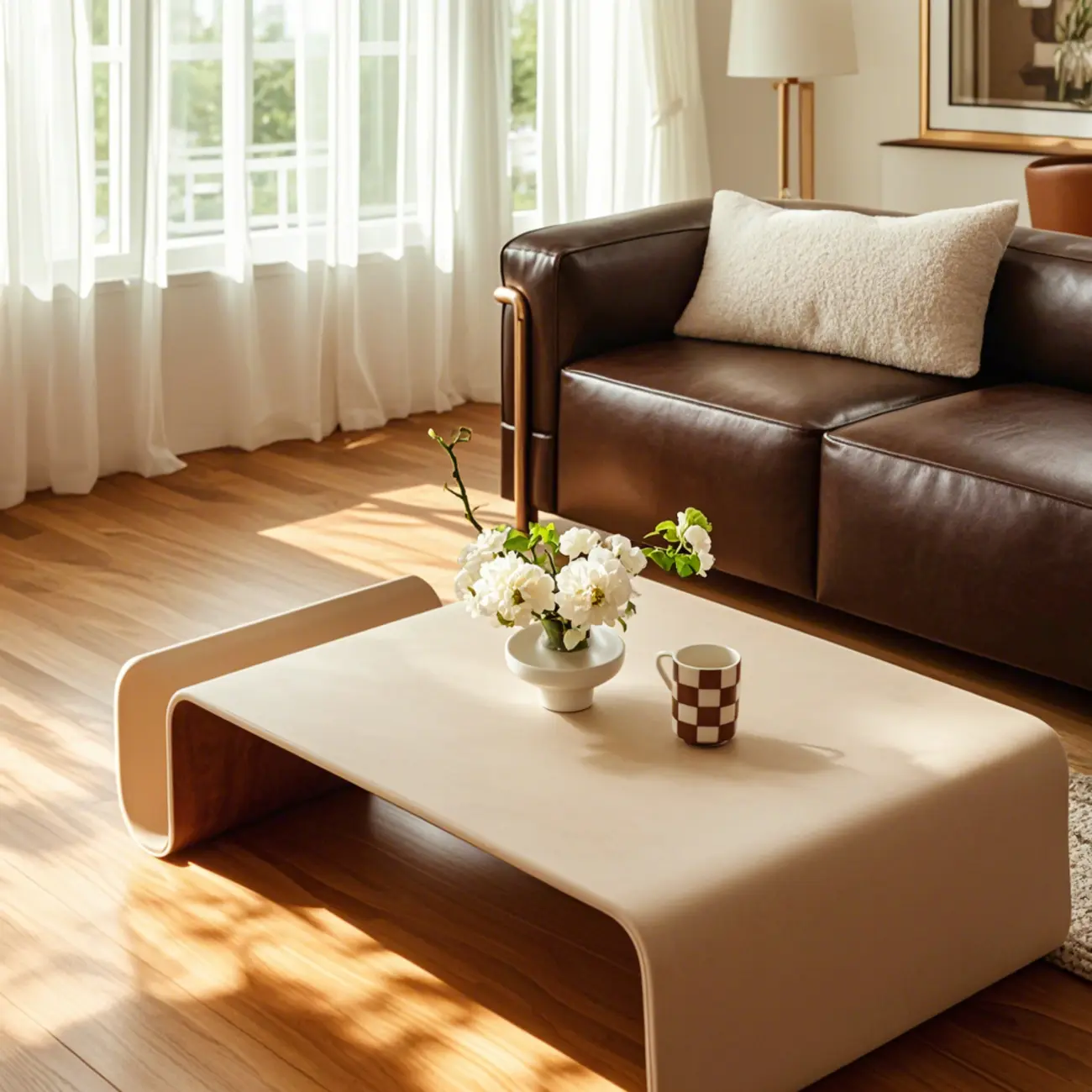 Modern Wooden Brown Curved Coffee Table with Double Pedestal