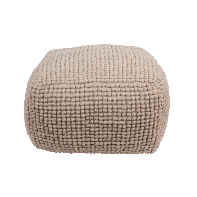 Cream/Grey/Teal Wool & Cotton Round Pouf Ottoman, 24