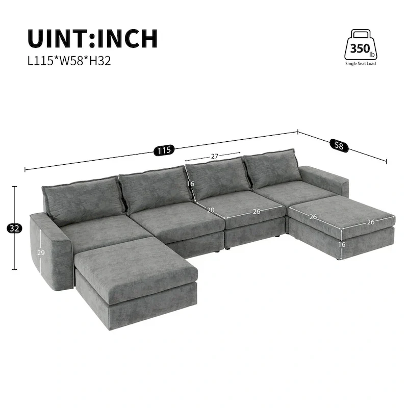 Grey 115 Convertible U-Shaped 6-Seat Modular Sectional Sofa with Ottoman, Customizable Fabric, and Tilting Armrests