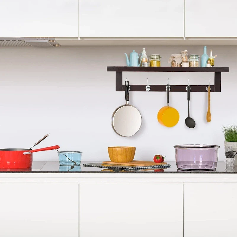 Coat Hooks Set of 4 with Shelf Wall-Mounted, Bamboo Hanging Shelf with 5 Double Metal Hooks (Dark Brown)