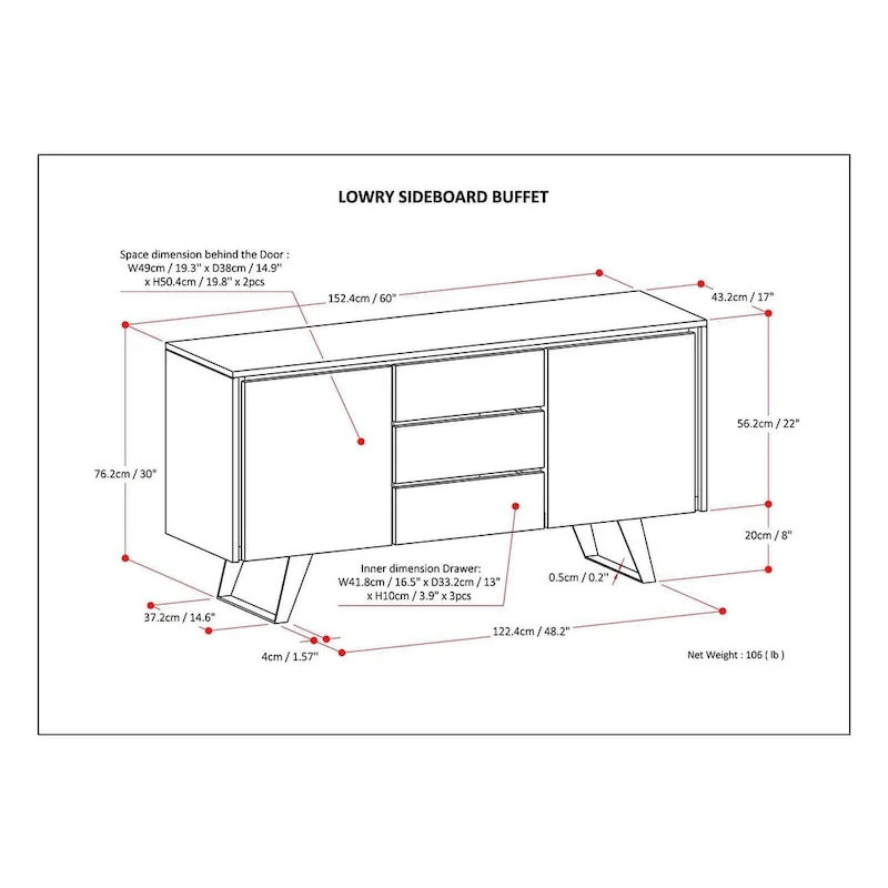 WYNDENHALL Mitchell Metal 60 inch Wide Rectangle Modern Industrial Sideboard Buffet in OAK WOOD - 60 x 17 x 30