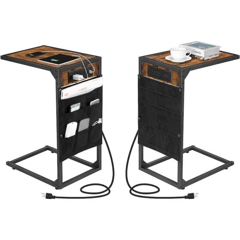 C Shaped End Table with Charging Station, Set of 2