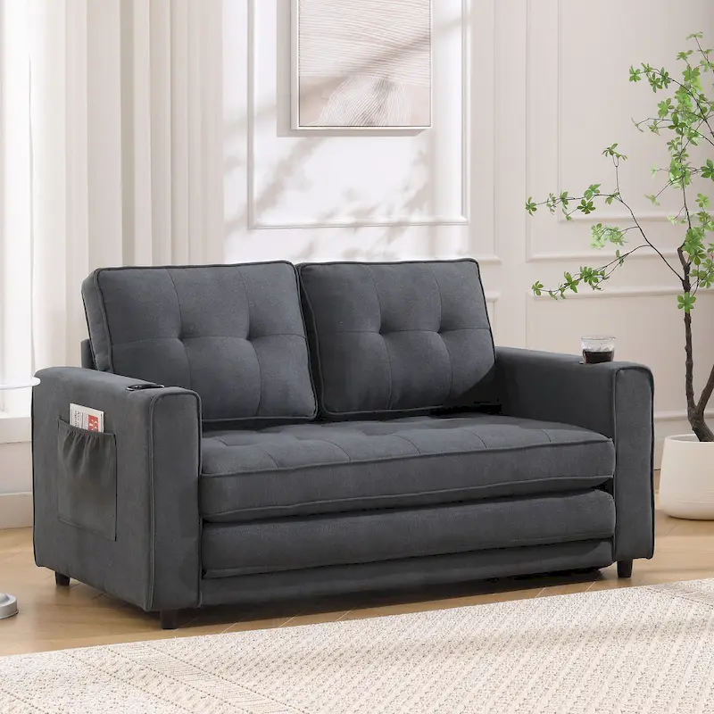 Foldable Tufted Loveseat with Pull Out Bed and Side Pockets