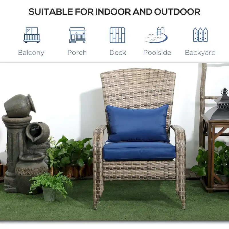 Patio Wicker Adirondack Chair, All-Weather Rattan Fire Pit Chair Soft Cushions, Tall Curved Backrest and Armrests