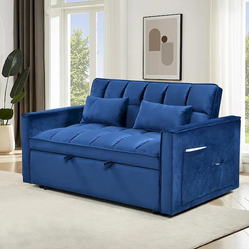 Modern Velvet Loveseat Futon Sofa Couch Pullout Bed, Small Love Seat Lounge Sofa w/Reclining Backrest, Toss Pillows, Pockets