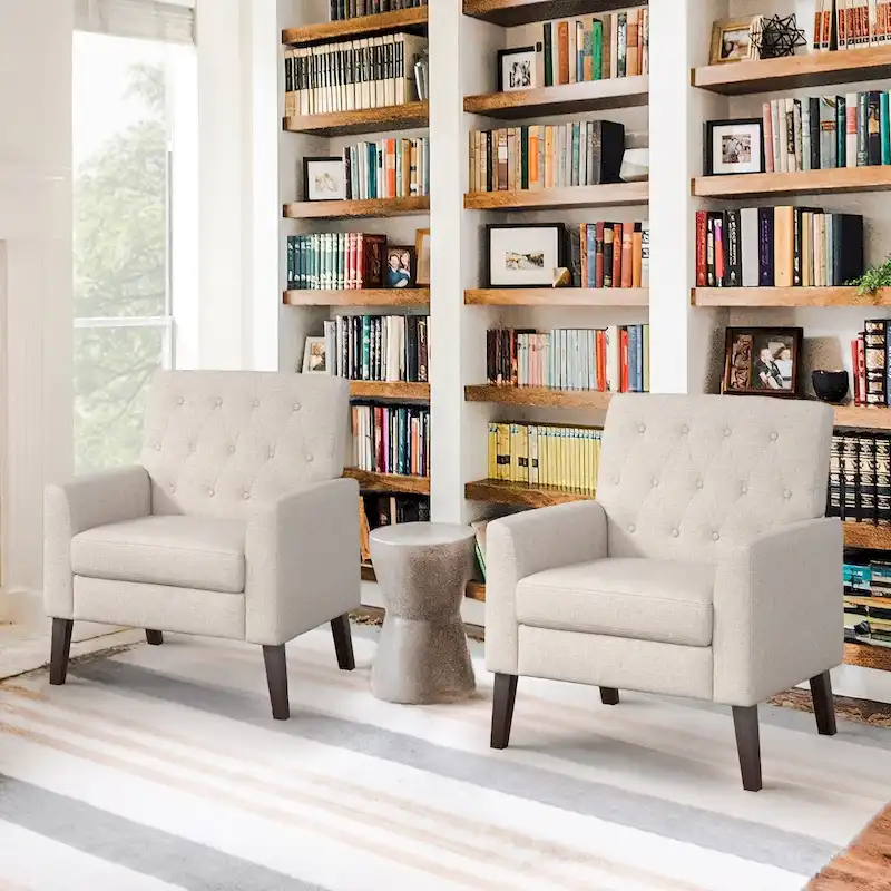 LUE BONA Modern Upholstered Accent Chair Linen Fabric Button Tufted Armchair with Solid Wood Frame - 28.5 W X 27.25 D X 33.75 H