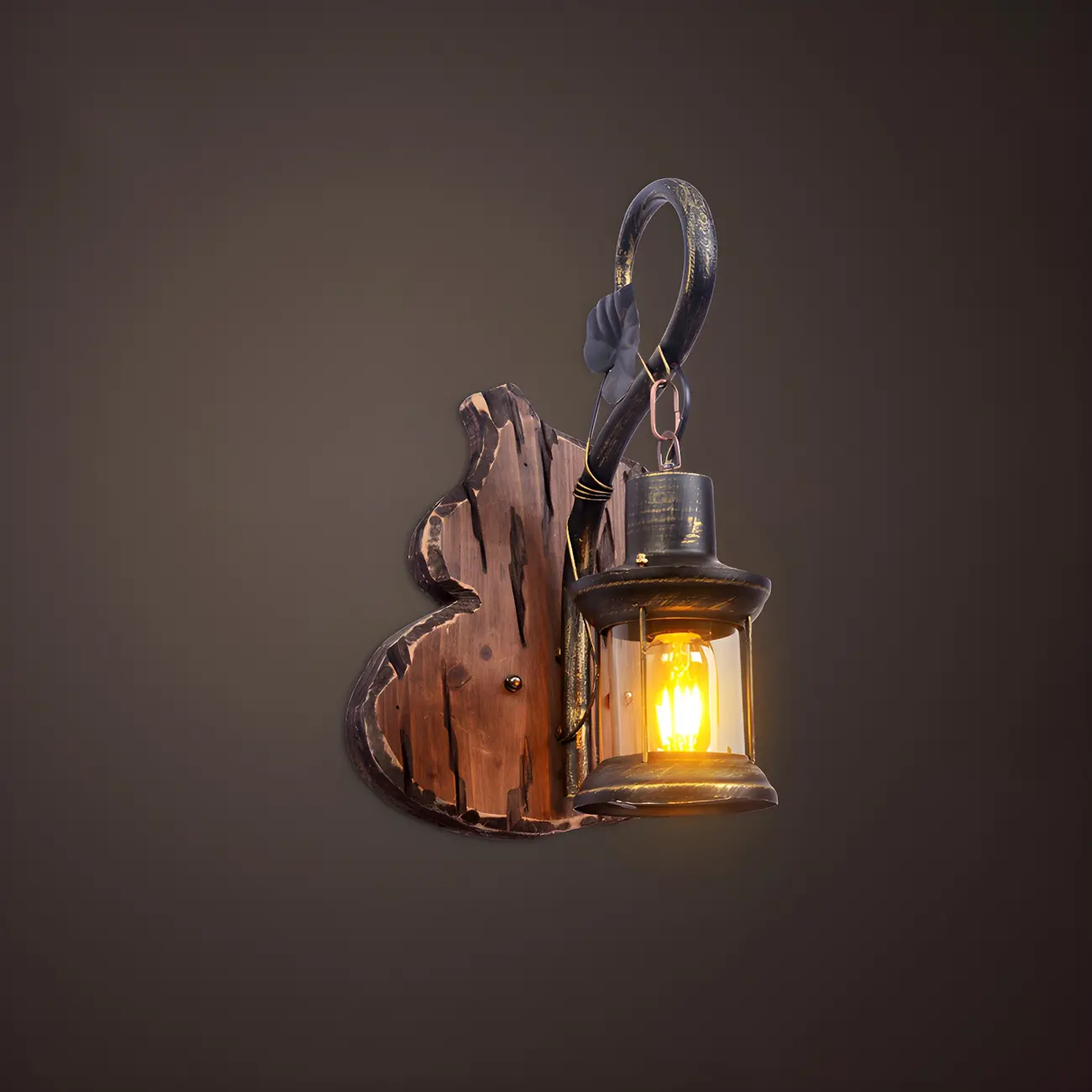 Industrial Distressed Wood Glass Black Wall Lantern Light