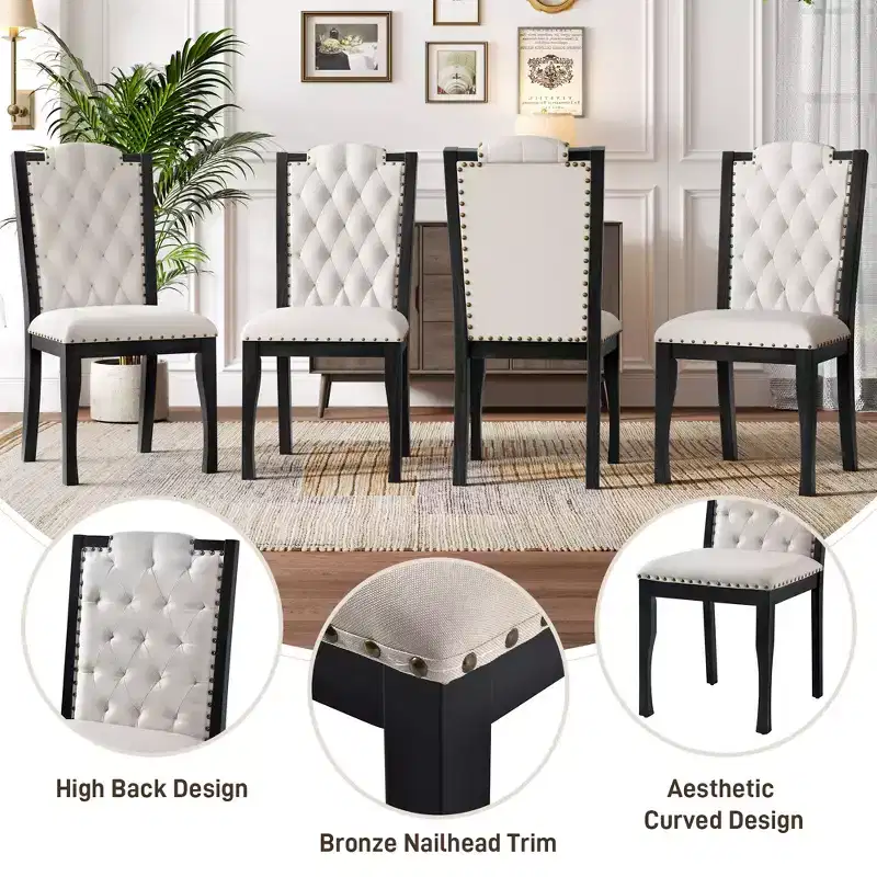 Beige Linen High Back Dining Chair, Button Tufted, Set of 4