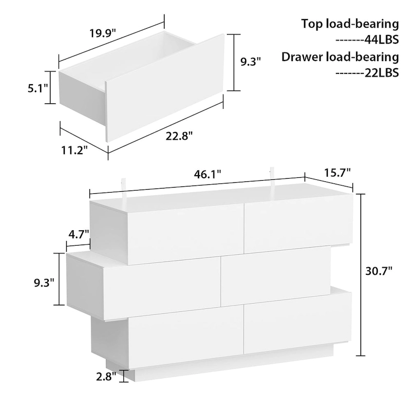 High Glossy Six-Drawer Dresser Chest with Off-Set Design (Black/White)
