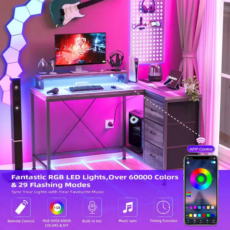 GIMMYFIVE L Shaped Gaming Desk with Power Outlets & LED Lights