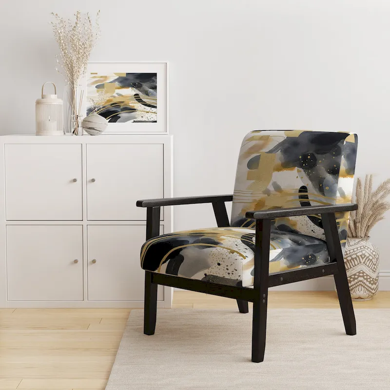 Designart Pastel Abstract With Blue Black & Gold Spots III Upholstered Fractals Accent Chair and Modern Arm Chair