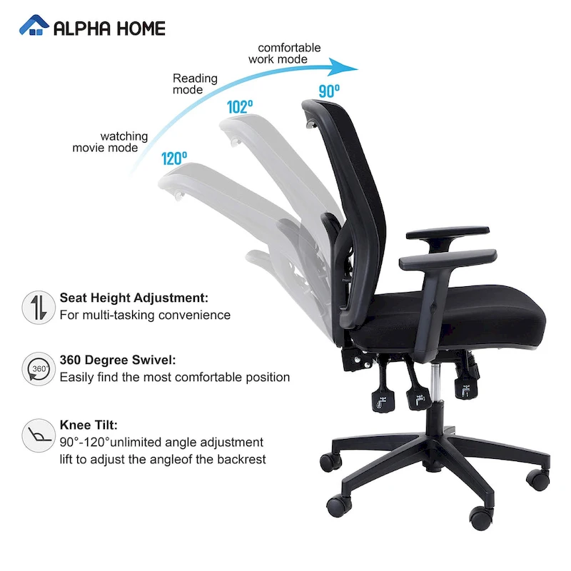 ALPHA HOME High Back Mesh Office Chair Adjustable Headrest, Armrest, Rolling Swivel Reclining Chair