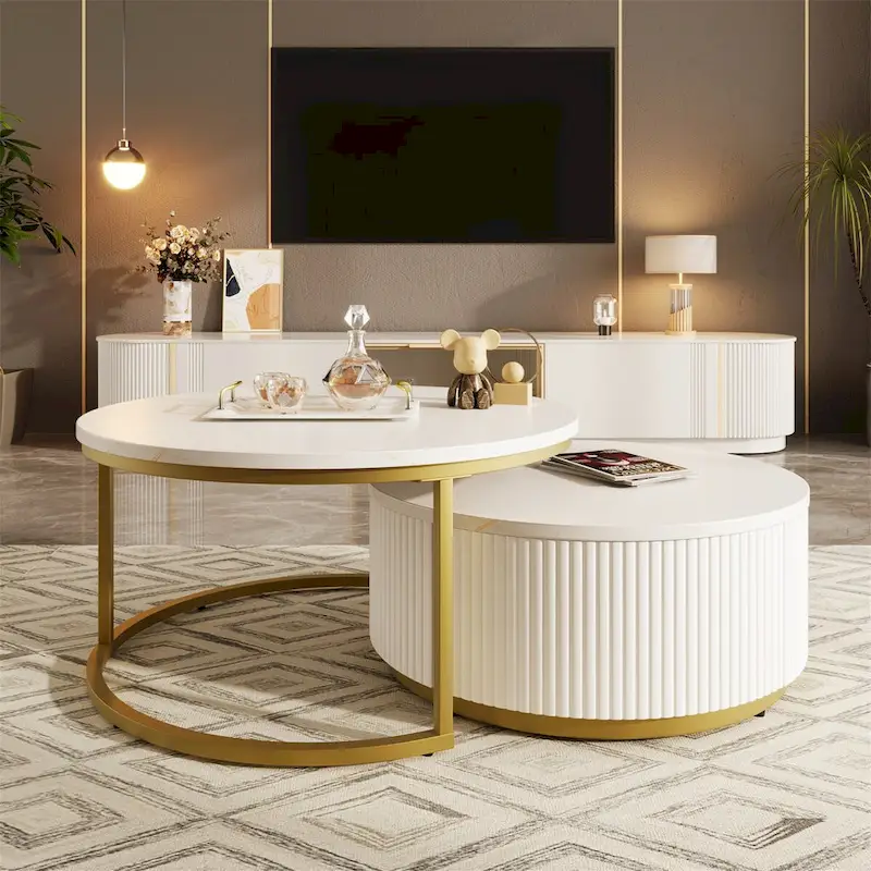 Modern Round Nesting Coffee Table with Drawer (Set of 2) by Harper&Bright Designs