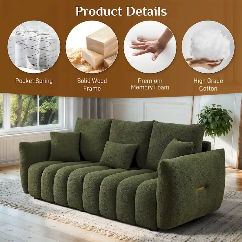 Ouyessir Overstuffed Upholstered Deep Seat Soft Fabric Sofa with 3 Pillows