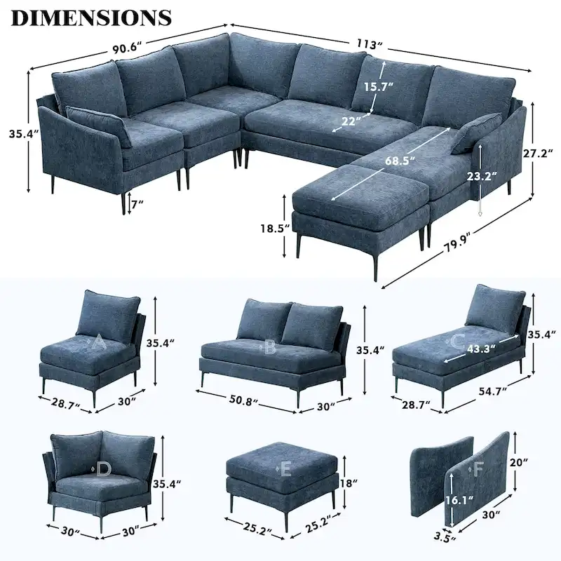 EROMMY U Shaped 6-seat Sectional Sofa Couch, Reversible Sleeper in Modern Chenille Design, with Chaise Lounge and Ottoman
