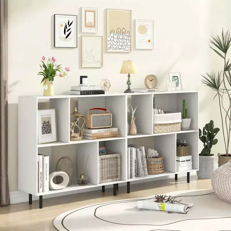 Black/Natural/White Mid-Century Modern 4-Cube Open Bookshelf, Single