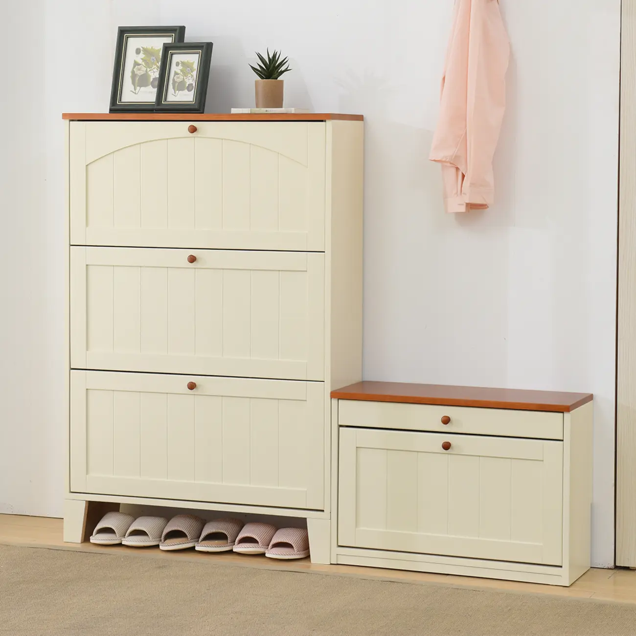 Entryway White/Tawny Wooden Wall-Mounted Shoe Cabinet