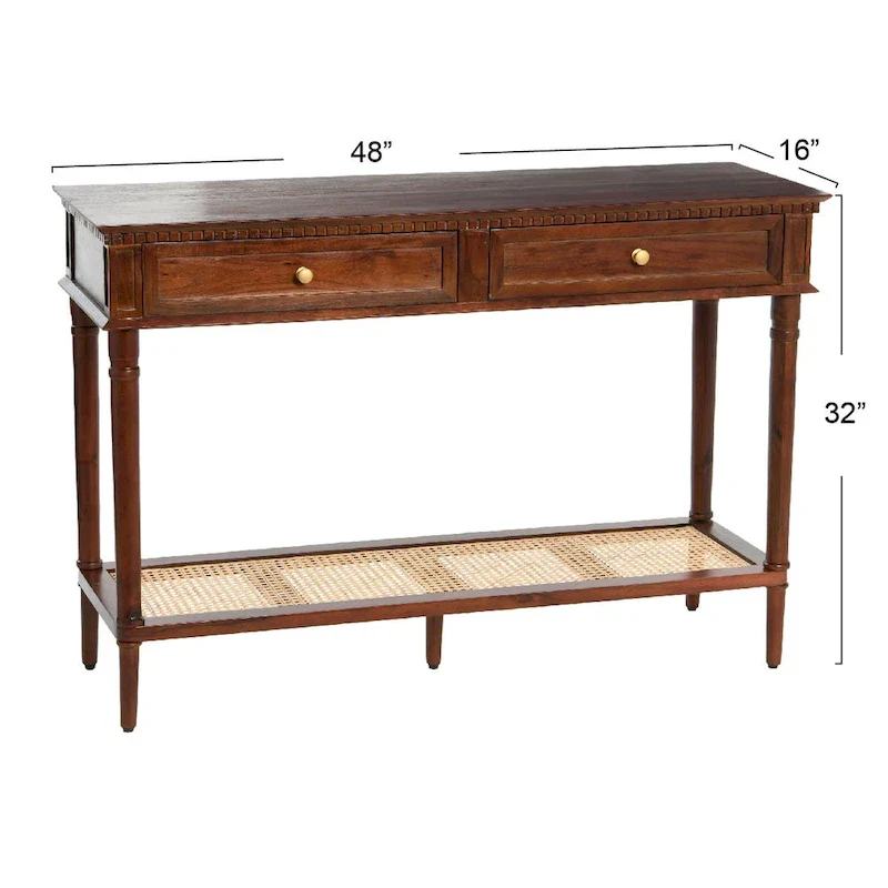 Acacia Wood Console Table with Cane Shelf
