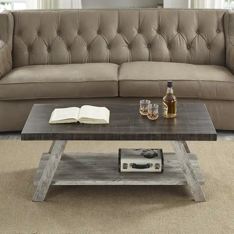 Contemporary Two-Tone Wood Shelf Coffee Table in Weathered for Living Room