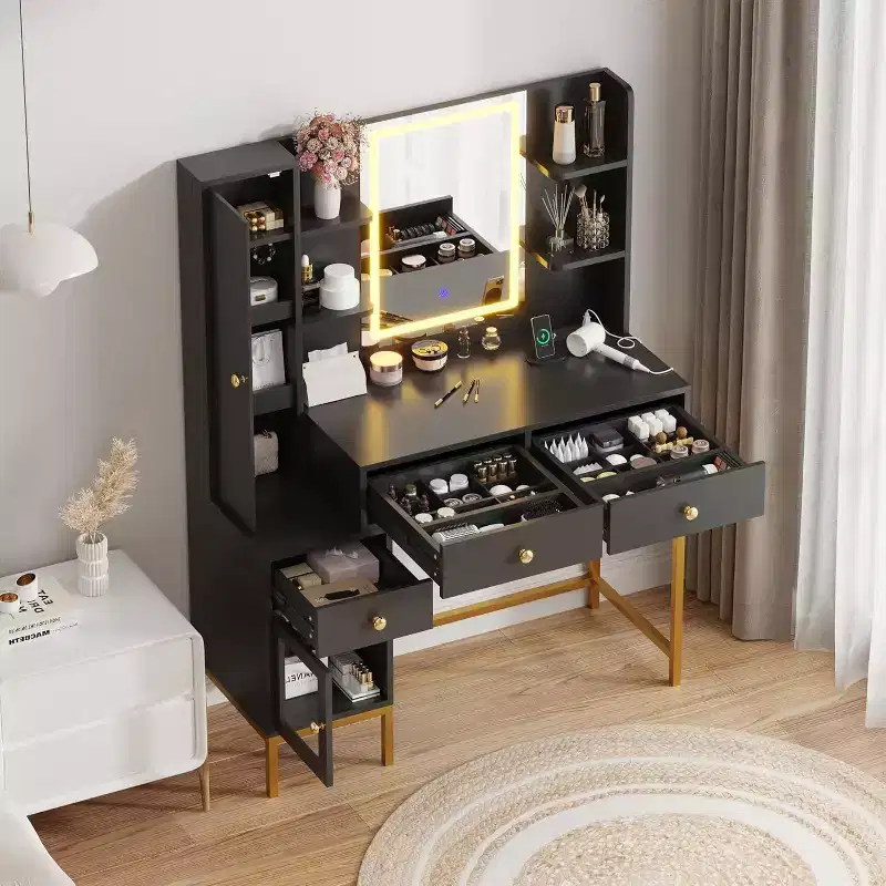 Makeup Vanity and Stool Set, White Desk with Mirror, Charging Ports, 3 Drawers, Visible Cabinet, Open Shelves, 43 Inch, For Bedroom