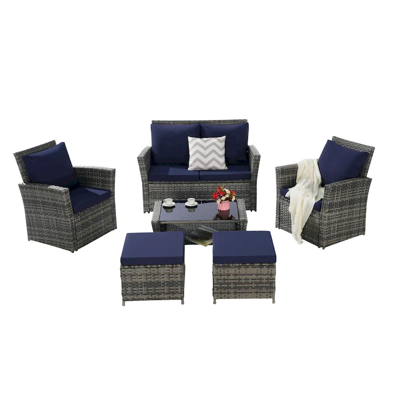6 Piece Wicker Patio Furniture Sets with Tempered Glass Coffee Table & Ottoman