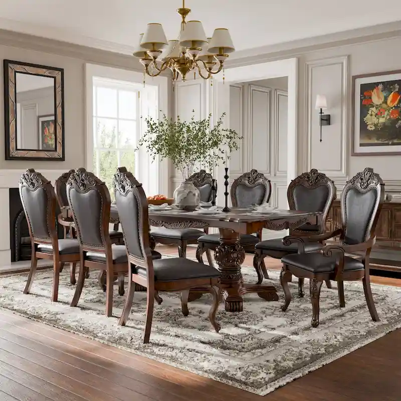 Furniture of America Eugene Traditional Solid Wood 9-Piece Expandable Dining Table Set