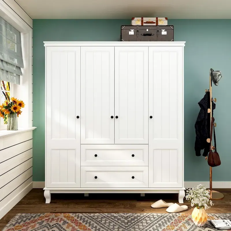 Home Traditional 2 Drawer Freestanding Wood Armoire in White Lacquer - 63 Wx71.3