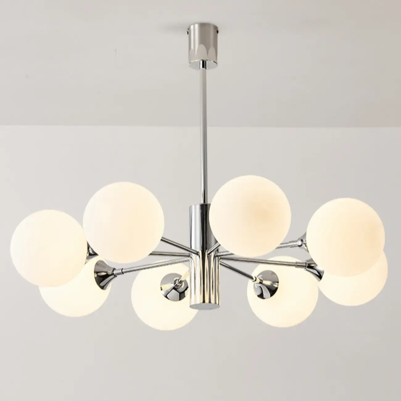 Modern Silver Sputnik Chandelier with White Globe Glass