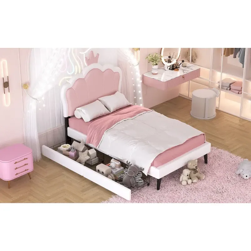Upholstered Princess Bed with Crown Headboard & Drawers