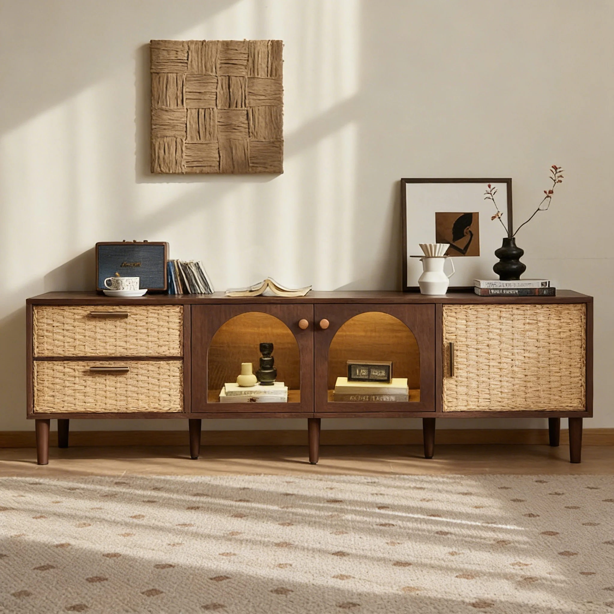 Dark Brown Rattan TV Stand for up to 80