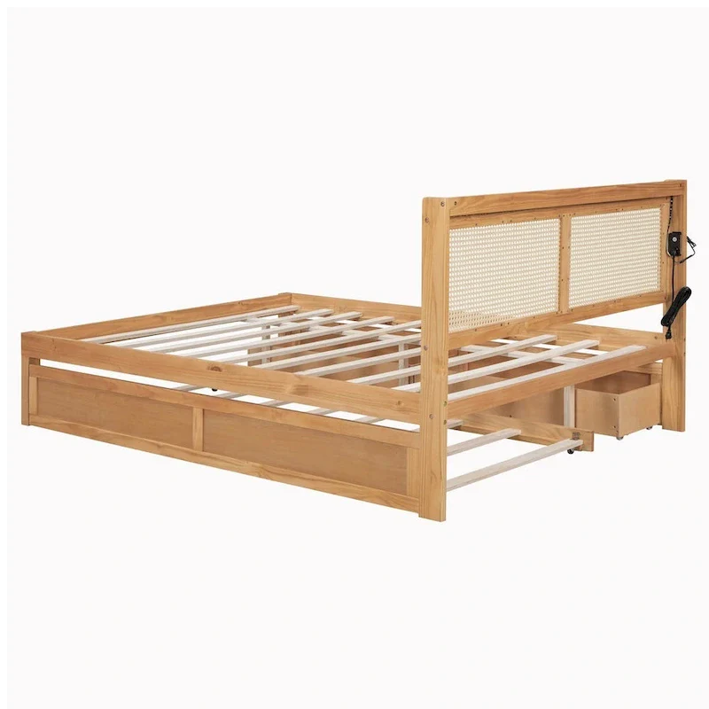 Elegant Bed Frame with Rattan Headboard and Sockets