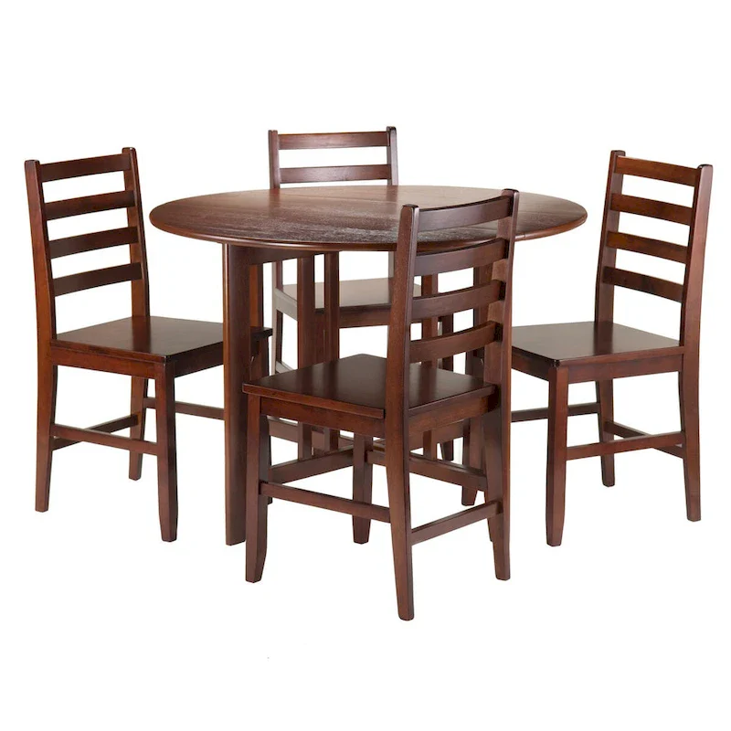 5-Pc Round Drop Leaf Table with Ladder-back Chairs, Walnut
