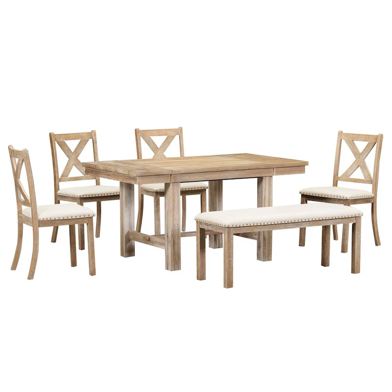 6-Piece Wooden Dining Table Set with Extendable Table & 4 Chairs & Bench