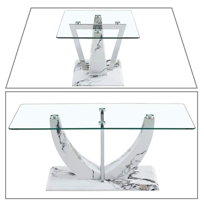 Modern Stylish Rectangular Coffee Table with Glass Top and Wooden Base