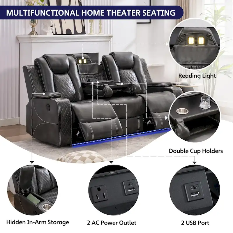 Power Reclining Sofa with Wireless Charger & LED Light – Faux Leather, Black