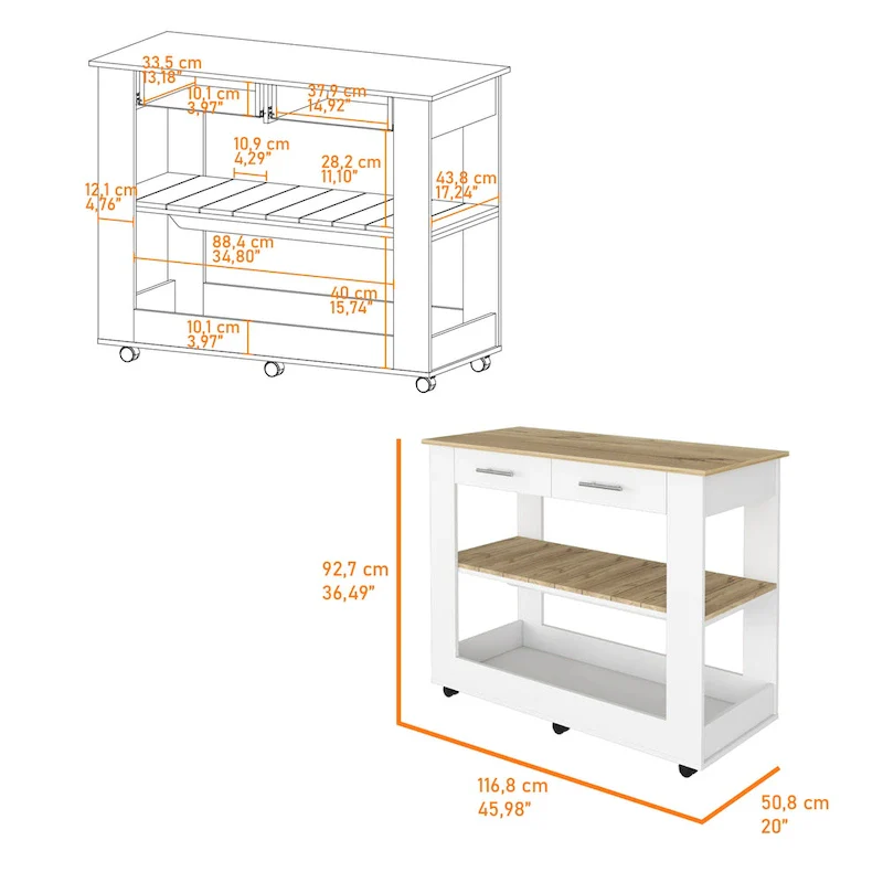 46 Kitchen Island, Two Shelves, Two Drawers