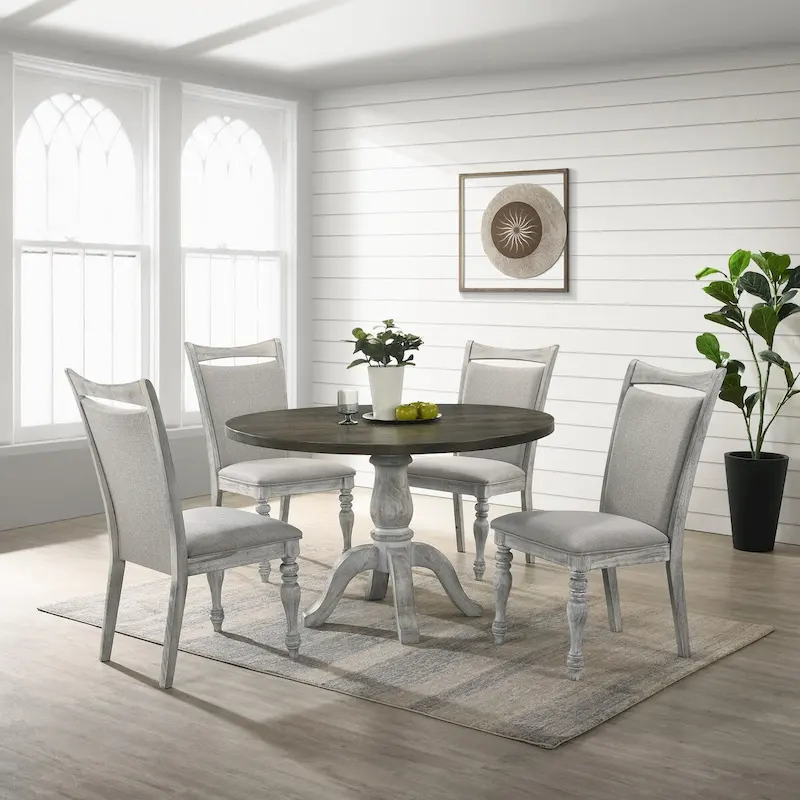 5-Piece Dining Set, Round Pedestal Table with 4 Chairs, Weathered White and Gray