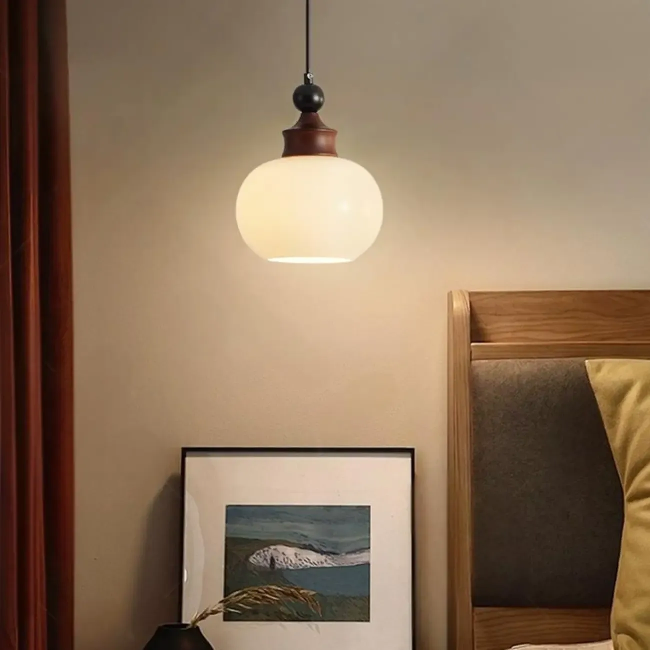 Dimmable Beige Wood Glass Globe Pendant Light