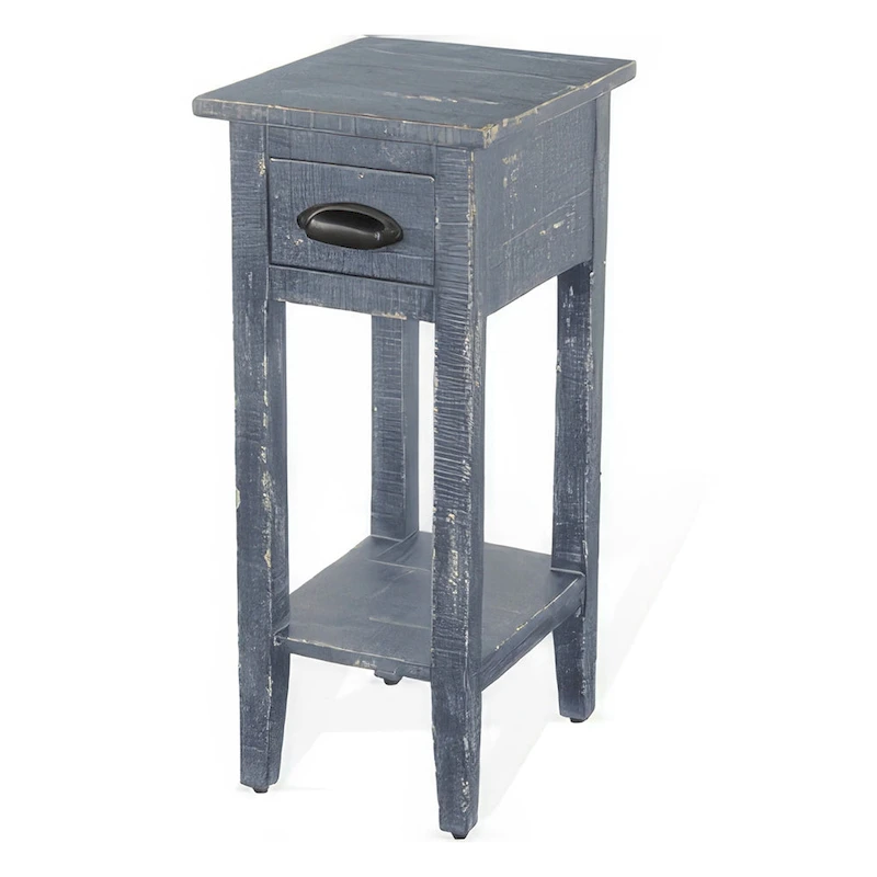 Rena Chairside Table with Drawer and Shelf, 14 Inch Blue Mahogany Wood