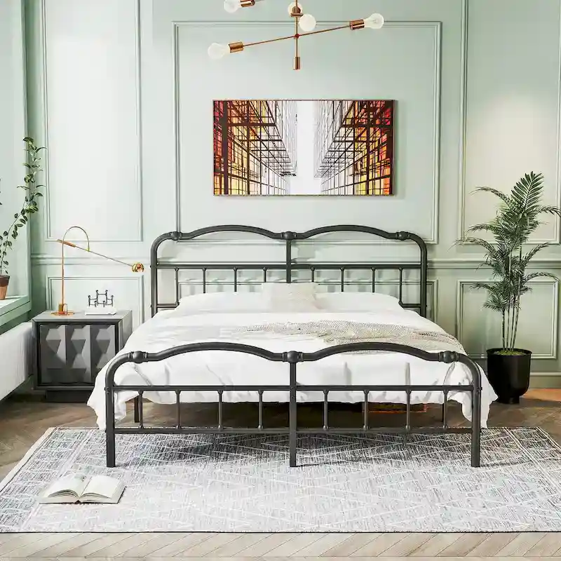 Heavy Duty Anti-Sway 18 Inch High Steel Tube Iron Bed, Double Wave Headboard And Footboard