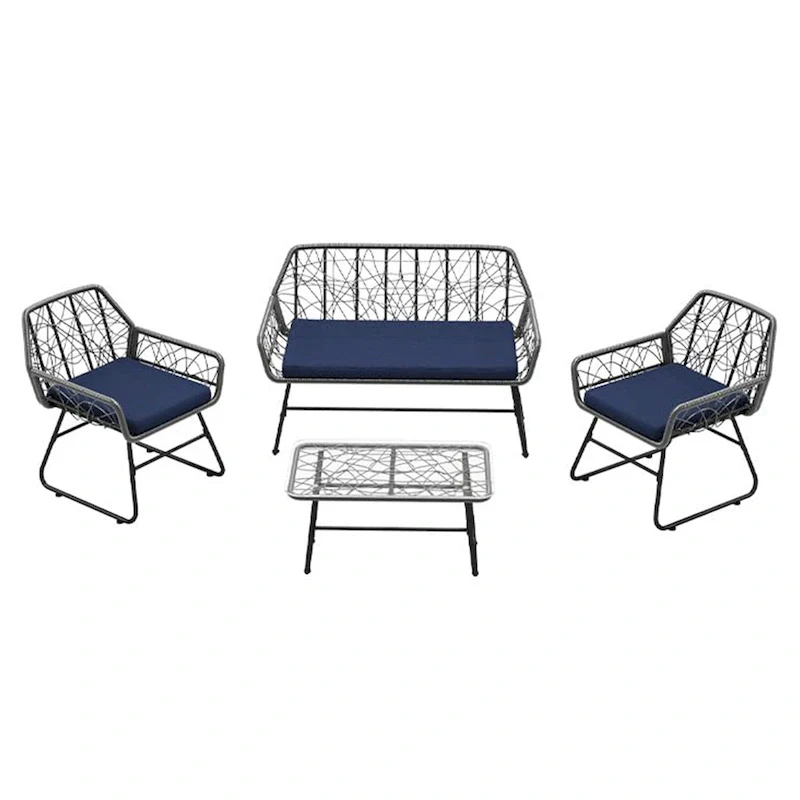 4-Piece Wicker Patio Set with Tempered Glass Table and Detachable Blue Cushions