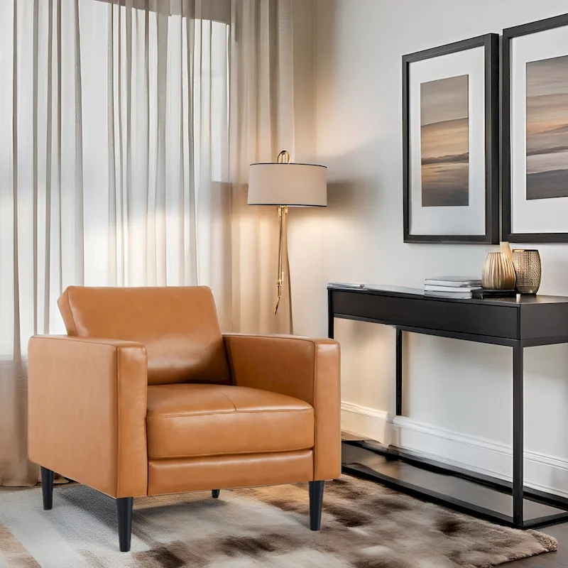 Genuine Leather Accent Chair, Black/Tan, Mid-Century Modern, High-Density Cushion, Seats 1