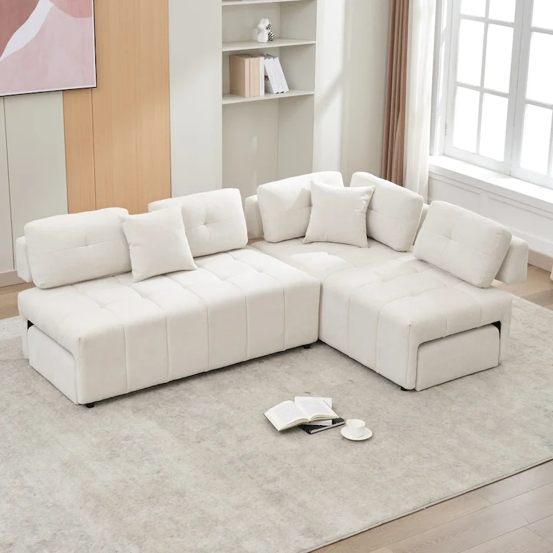 91.73  L-Shaped 4 Seater Sectional Sofa with 2 Hidden Stools, 2 Removable Lumbar Pillows, and Durable Chenille Upholstery