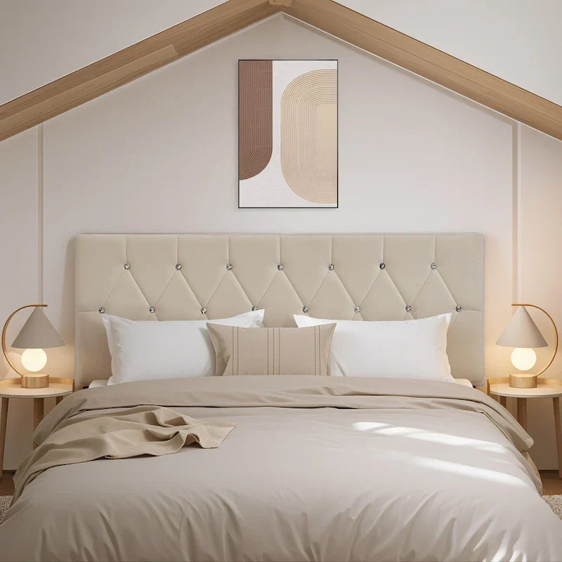 Diamond Tufted Upholstered Headboard - Beige Velvet Queen/King